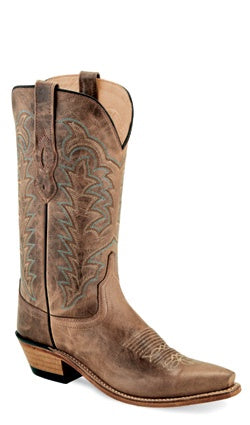 Women's | Old West | LF1597 | Pointed Toe 1.5" Heel Embroidered Cowboy Boots | Light Brown Leather,  Aquamarine Accent Stitching