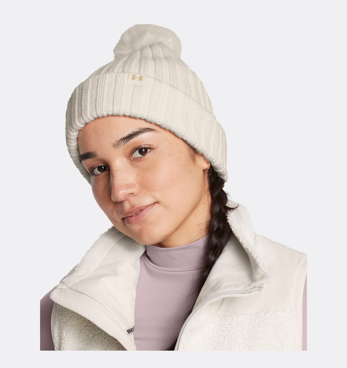 Women's | Under Armour | 1386637-114 | Halftime Pom Beanie | White Quartz / Metallic Gold