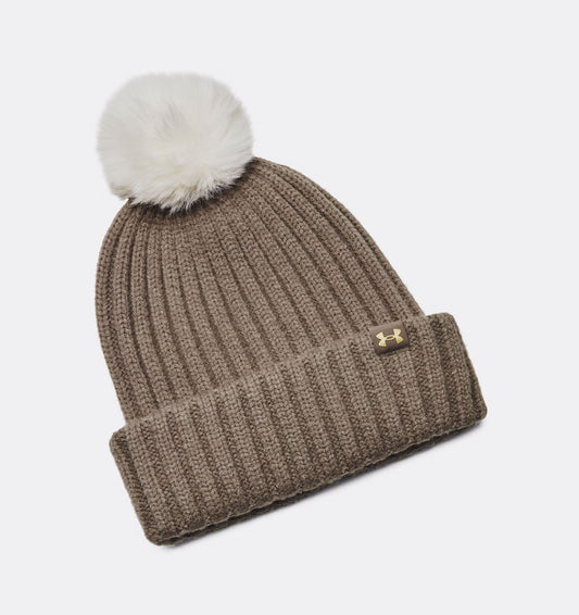 Women's | Under Armour | 1386637-200 | Halftime Pom Beanie | Taupe Dusk / Metallic Gold